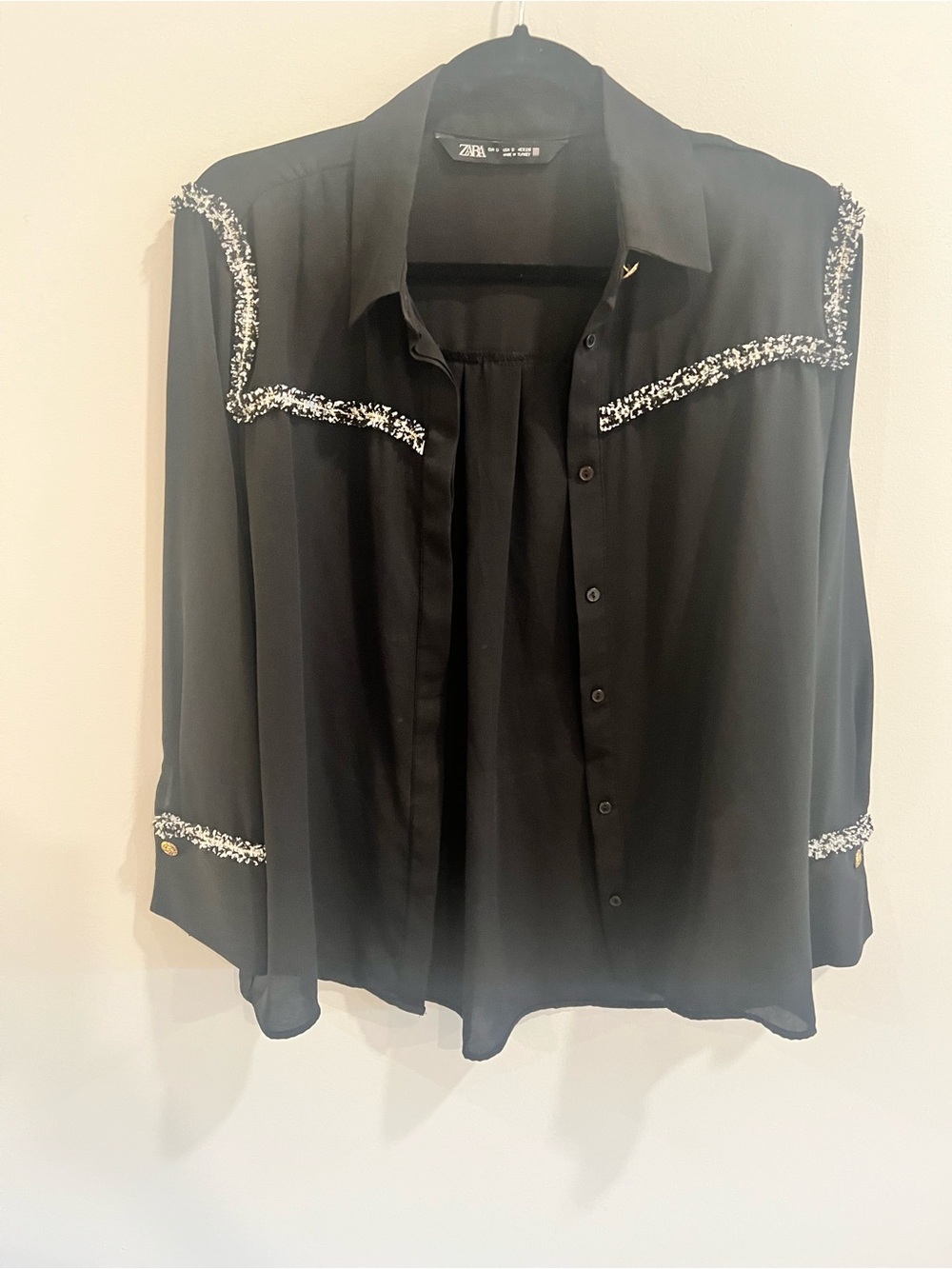 Zara Black Button-Down Blouse with Silver-White Trim